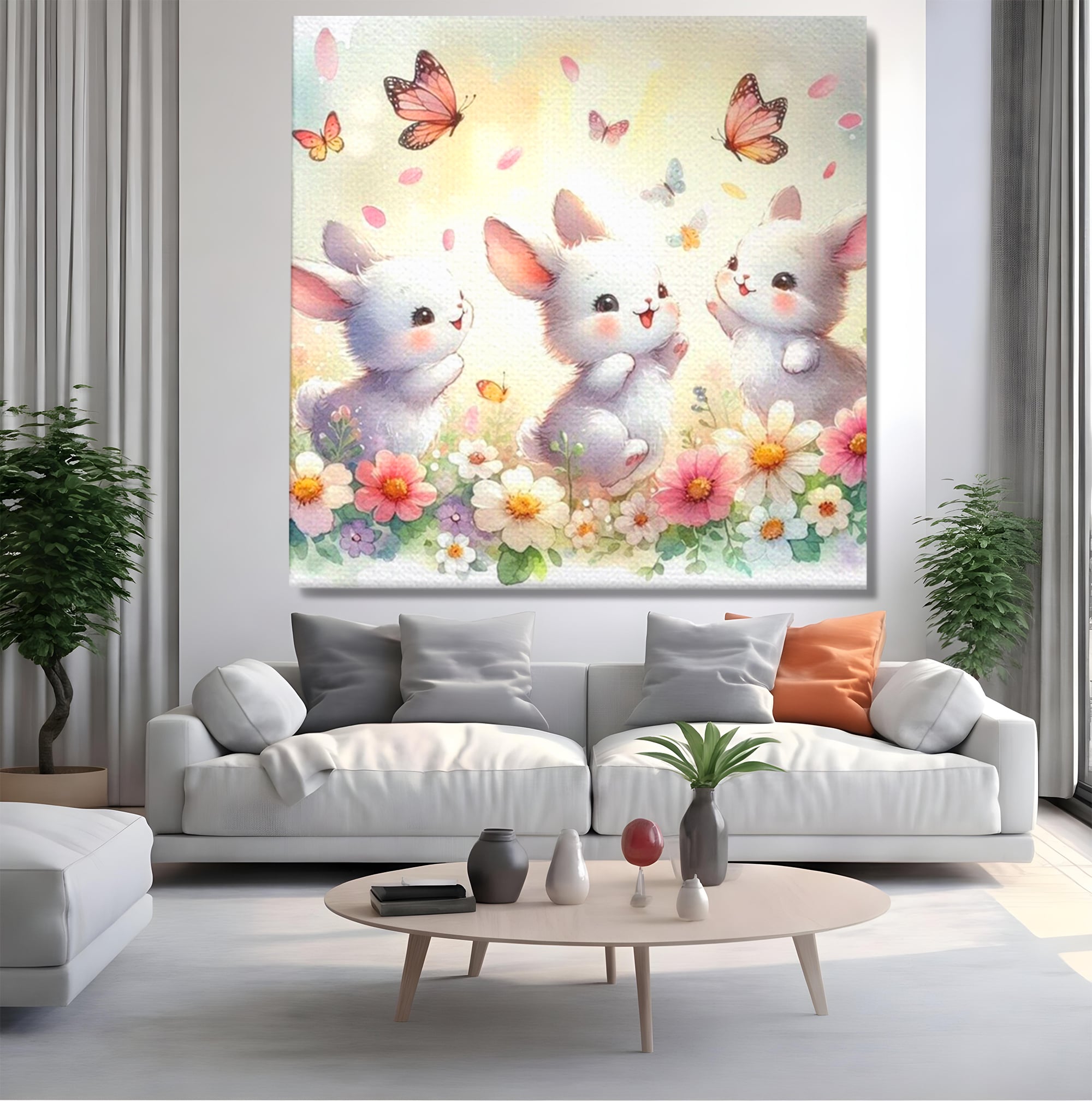 Tablou canvas cu ilustratie cu trei iepurasi si fluturi, fara rama, pe sasiu de lemn, pe perete intr-un living